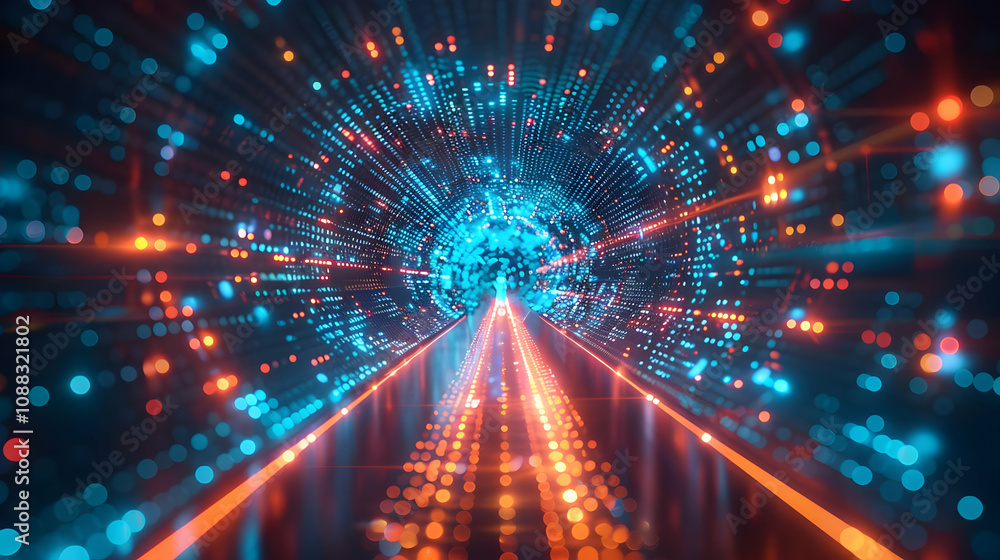 Poster abstract 3d digital tunnel of glowing lights: a futuristic background image with vibrant colors and 