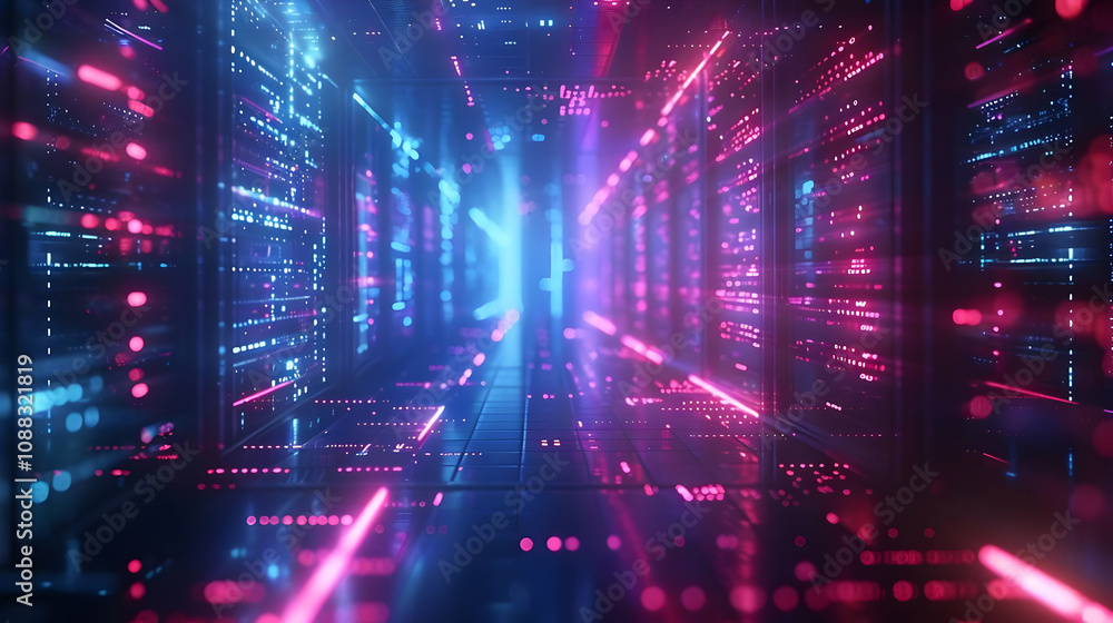 Poster abstract 3d digital corridor with glowing pink and blue data streams, futuristic technology backgrou