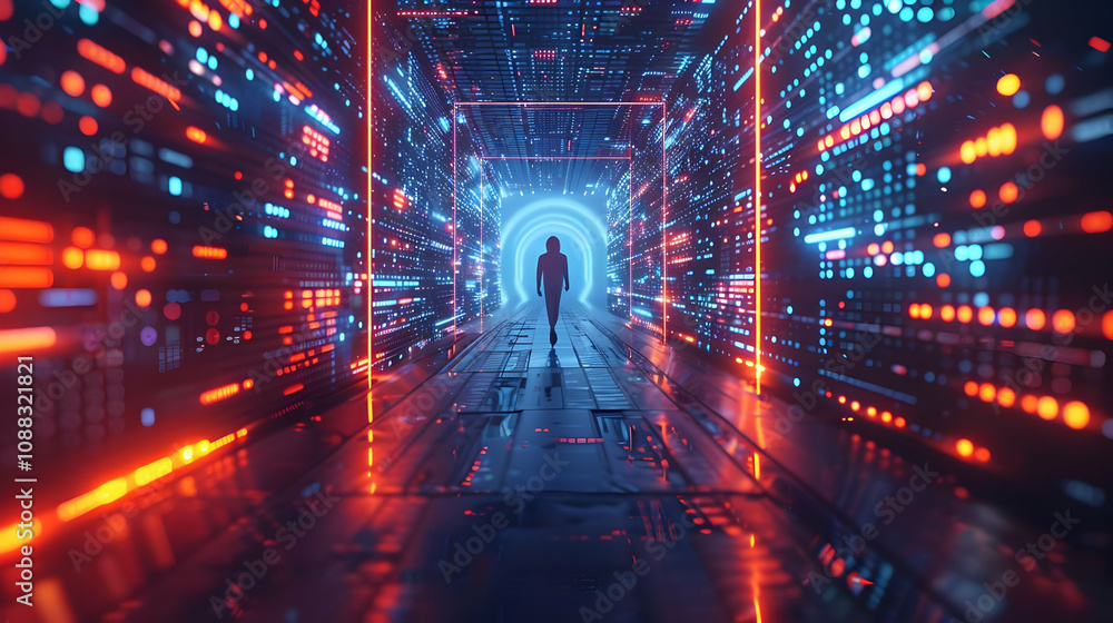 Aufkleber cyberpunk figure walks through a neon digital corridor, futuristic 3d render of data streams and glo