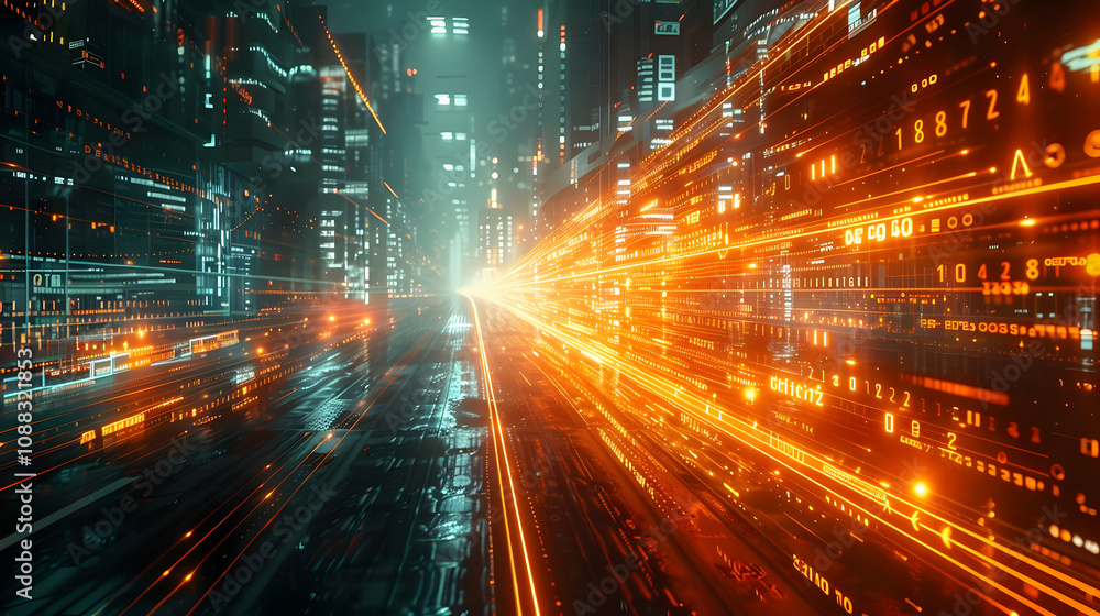 Poster futuristic cityscape: digital data streams flowing through a neon-lit highway at night, abstract 3d 