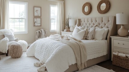 Inviting Bedroom with Soft White Decor, Cozy Textiles, Elegant Mirrors, and Natural Accents for a Tranquil Atmosphere