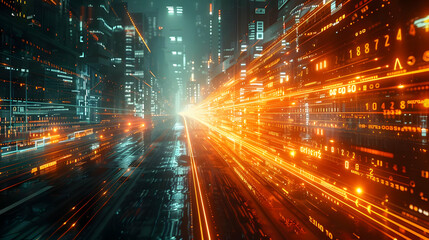 Obraz premium Futuristic Cityscape: Digital Data Streams Flowing Through a Neon-Lit Highway at Night, Abstract 3D Render