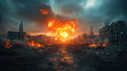 Obraz premium A haunting post-apocalyptic cityscape featuring crumbling buildings and desolate streets bathed in a gloomy atmosphere, symbolizing decay, resilience, and the power of nature reclaiming urban spaces