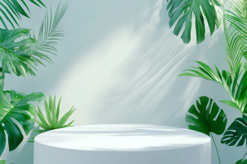 Minimalist white table with lush green leaves in sunlight