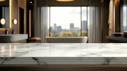 A Close-Up of a White Marble Countertop with a Blurred Background of a Modern Bathroom with a City View Outside the Window