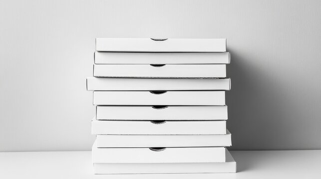 A neat stack of plain white pizza boxes against a gray background, showcasing their simple design and uniformity.