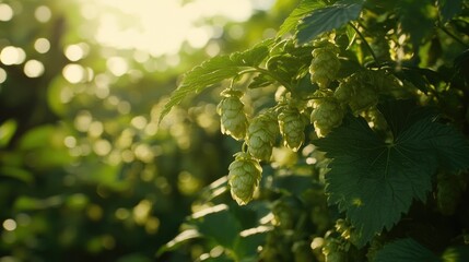 Sunlit green hop cones bursting with freshness against a blurred natural backdrop, perfect for brewing or herbal remedy design projects.