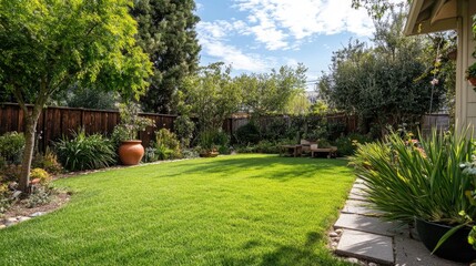 Lush green backyard garden showcasing vibrant lawn, flowering plants, decorative pot, and a serene seating area under a blue sky with scattered clouds.