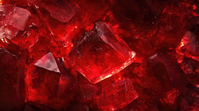 Close-up view of vibrant red thymol blue crystals under 4x magnification showcasing their intricate structure and rich color against a dark background.