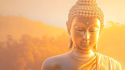 Glowing Golden Buddha Statue Radiating Tranquil Spirituality in Serene Landscape