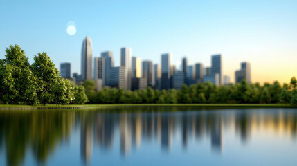 Fototapeta premium serene 3D rendering of modern city skyline reflected in calm lake, surrounded by lush green trees, creating peaceful urban landscape