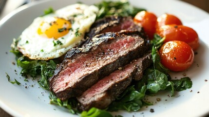 Skirt steak and eggs plated with vibrant cherry tomatoes and fresh greens, offering a nutritious and hearty breakfast option.