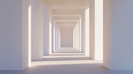 A minimalist corridor with a series of white columns leading into the distance, illuminated by soft light, creating a serene and spacious atmosphere.