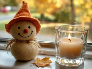 Smiling scarecrow doll with fall decor, cozy seasonal home setting, rustic autumn vibes