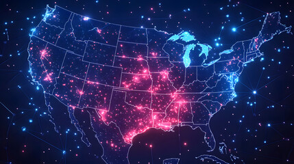 Digital map of USA, concept of North America global network and connectivity, data transfer and cyber technology, information exchange and telecommunication