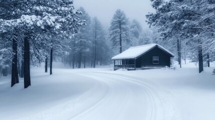 Winding snow-covered trail leading to a charming cabin nestled in a peaceful winter forest surrounded by tall, snow-laden trees.