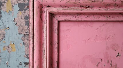 Naklejka premium Weathered vintage pink wooden frame showcasing peeling paint and textured surfaces, designed with ample space for custom text or images.