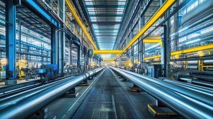 Large steel pipes neatly arranged in a spacious warehouse, showcasing a modern manufacturing facility with bright overhead lighting and industrial equipment.