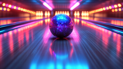 vibrant neon-lit bowling ball rolls down a polished lane, reflecting colorful lights in a dynamic urban atmosphere, symbolizing energy, fun, and social connection in a lively setting
