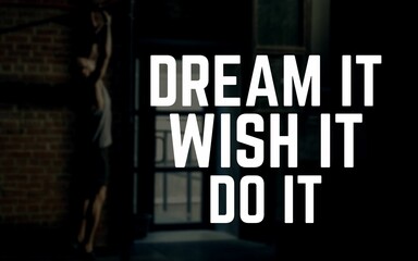 Motivational fitness poster featuring bold typography with inspirational quotes, blurred workout...