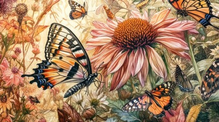 Vibrant monarch butterflies on blooming wildflowers, detailed nature-inspired floral artwork