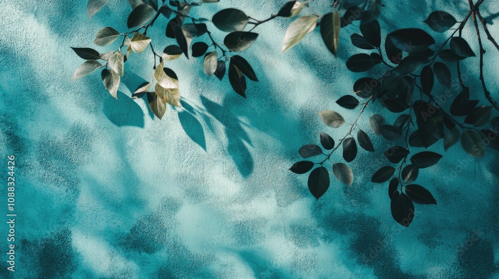 Poster shadows of leaves on a textured turquoise wall creating an abstract nature-themed background with sp