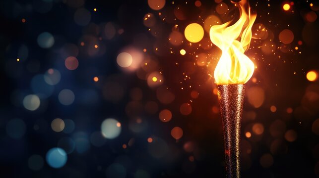 Illuminated torch with vibrant flame set against a blurred dark backdrop filled with sparkling lights, ideal for sports victory banners or cards with customizable text space.