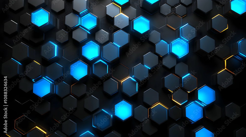 Poster abstract 3d black hexagon pattern with glowing blue and yellow lights, creating a modern and futuris