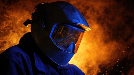 Welder in protective gear amidst sparks and smoke, emphasizing safety and skill in metal fabrication within an industrial environment.