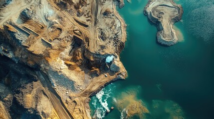Aerial view of a lithium extraction site showcasing machinery and terrain variations, emphasizing sustainable energy resource development amid water bodies and mineral-rich land formations.