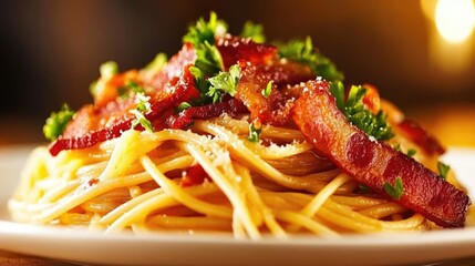 Fototapeta premium Delicious spaghetti carbonara garnished with crispy bacon and vibrant fresh parsley served on a clean white plate, perfect for Italian cuisine lovers.