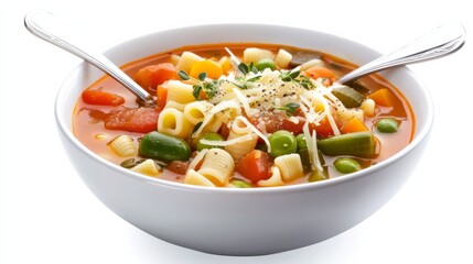 A bowl of hearty minestrone soup filled with seasonal vegetables and tender pasta, Each spoonful brimming with wholesome goodness
