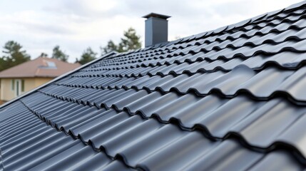 Construction worker installing metal sheet roofing with electric drill on a well-structured roof featuring wavy, interlocking metal panels.