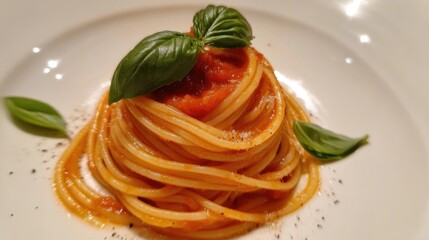 Spaghetti twirled elegantly on a plate, topped with rich tomato sauce and fresh basil leaves for a vibrant culinary presentation.