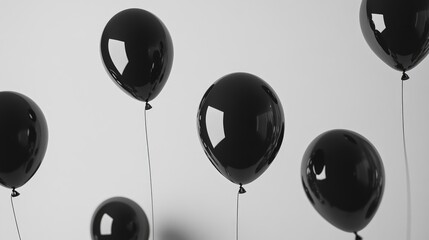 Glossy black balloons against a clean white backdrop, ideal for adding elegance to promotional events and special occasions, capturing a sleek and modern aesthetic.