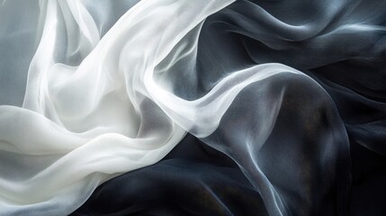 Fototapeta premium Flowing black and white fabric creating an abstract wave pattern, highlighting an ethereal and artistic essence with soft, translucent textures and smooth contours.