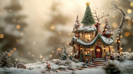 Whimsical winter house decorated with a Christmas tree on the roof, glowing warmly with lights and surrounded by a serene snowy landscape.