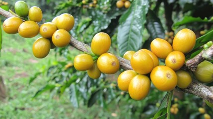 Yellow coffee berries on a branch, highlighting ripe coffee beans ready for harvest, set against a lush green background of the coffee tree.
