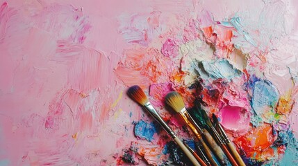Fototapeta premium Vibrant acrylic paints and assorted paint brushes scattered artistically on an abstract, textured surface with a soft pink background, showcasing a creative artist's palette.