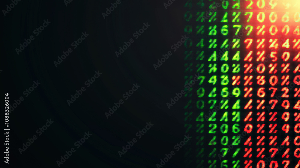 Poster stock market numbers displayed in green and red color coded format on black background, representing