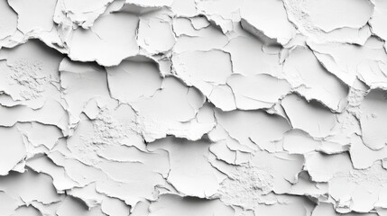 Obraz premium Rough white plaster wall with cracked texture and peeling layers, showcasing a distressed and weathered appearance.