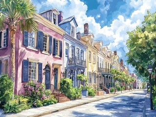Tree-lined pastel  Charleston South Carolina buildings along a quiet street, iconic neighborhood architecture, scenic urban setting
