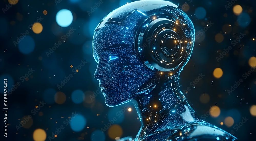 Poster a futuristic, digital humanoid figure illuminated by glowing particles, representing advanced techno