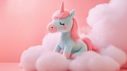 Charming unicorn plush toy with a pink mane and blue body, resting on a fluffy cloud against a whimsical pink backdrop, exuding a playful and magical ambiance.