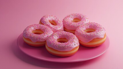 Colorful donuts with pink icing and sprinkles artfully arranged on a vibrant pink plate against a soft pink backdrop.