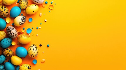 Colorful quail eggs arranged artistically on a bright yellow background, creating ideal negative space for text or graphic overlay.