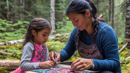 Traditional Tlingit Woman Teaching Beadwork to Young Girl in Lush Alaskan Forest Setting