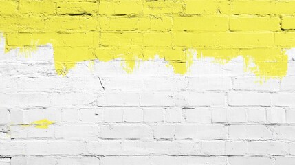 Weathered brick wall textured background featuring a blend of white and neon yellow paint,...