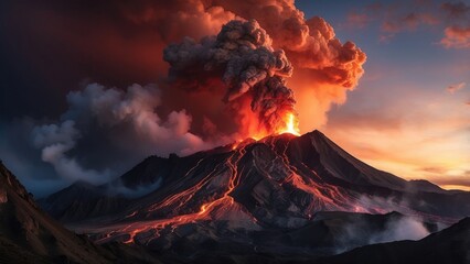 A spectacular view of a volcano erupting at dusk, with molten lava pouring down the mountainside and shooting smoke and
