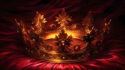 Majestic Gilded Crown Resting on Crimson Velvet Pillow Conveying Regal Splendor and Grandeur